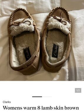 Clarks Women's Brown Suede Moccasins with Cream Faux-Fur Trim